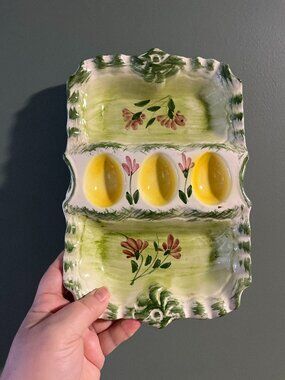 1950s Deviled Egg Serving Tray Plate Vtg Hand Painted Majolica Made in Portugal